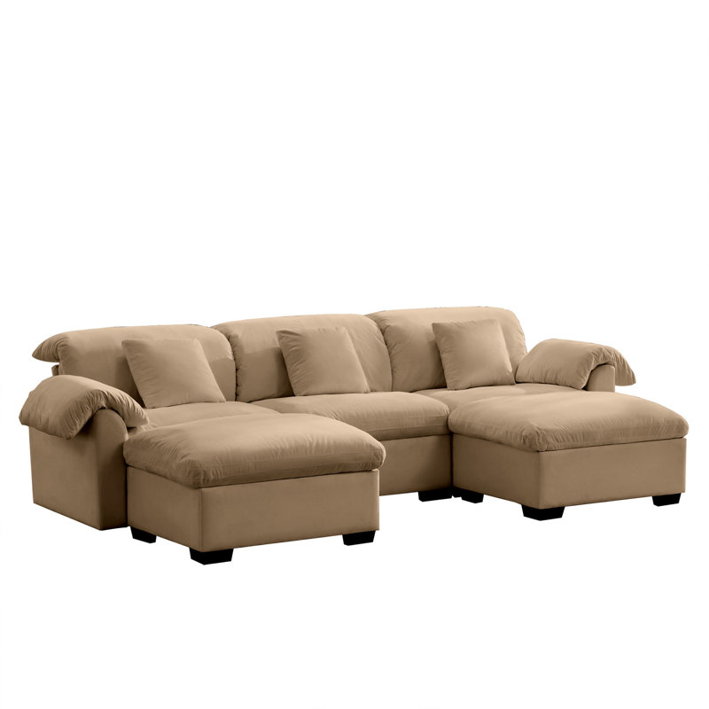 Canapé modulaire en U avec siège très grand et rangement, velours brun clair 3 coussins moelleux, siège repose-pieds, sièges de rangement repose-pieds,