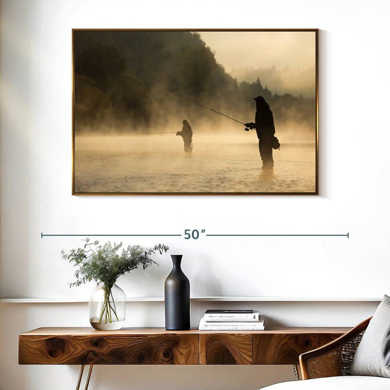 Pêche à la mouche dans la rivière Foggy, Cadre flottant doré, 40 po x 27 po