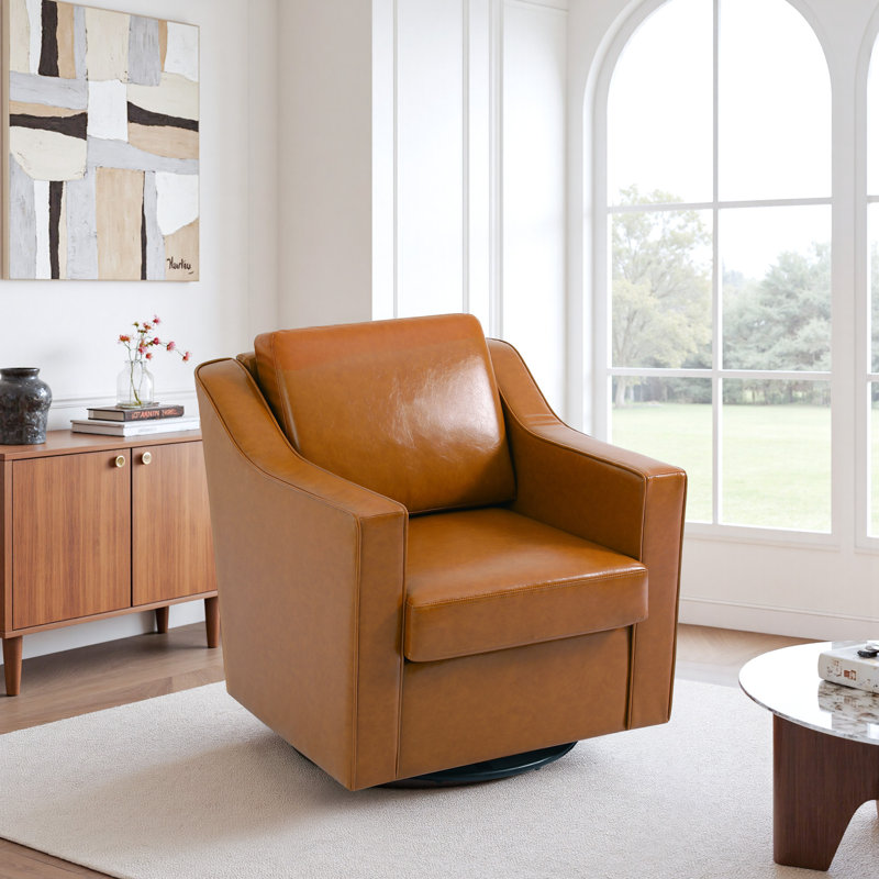 Bronnen Big And Wide Upholstered Faux Leather Cushion Swivel Armchair with Removable Back and Seat Cushion, Light Brown
