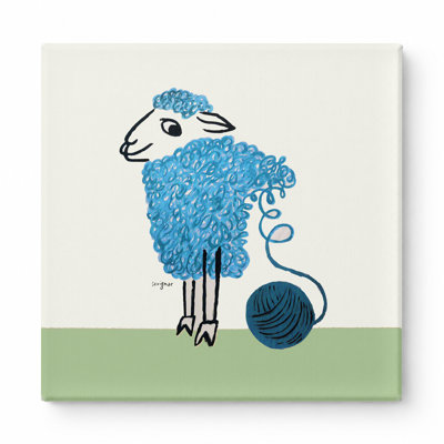 «Blue Sheep with Yarn Ball» - art mural carré sur toile
