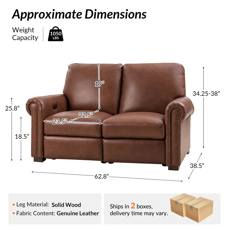 Igon 62.8" Traditional Down-Filled Genuine Leather Power Reclining Loveseat Sofa, Brown