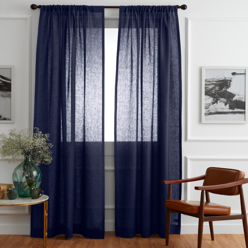 Linen Curtain with Rod Pocket, 52" W x 96" L, Chambray Navy