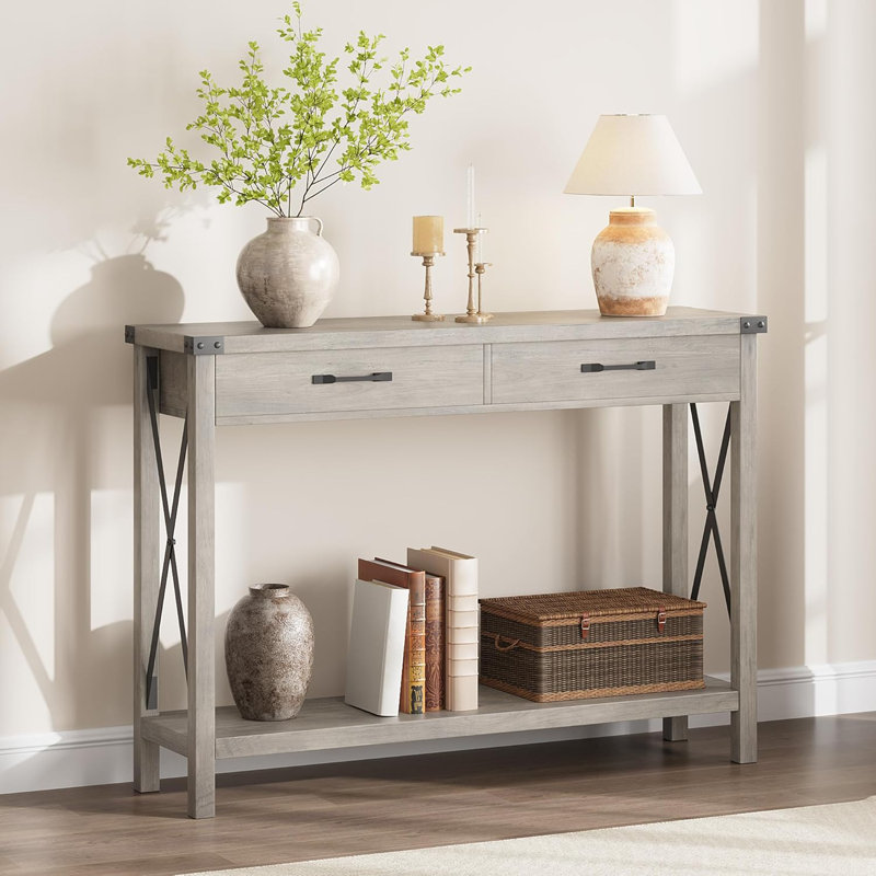 Narrow Entryway Console Sofa Table with Drawers & Shelves for Hallway Storage, Gray