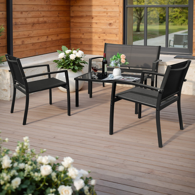Onika 4 Piece Patio Conversation Set, Black