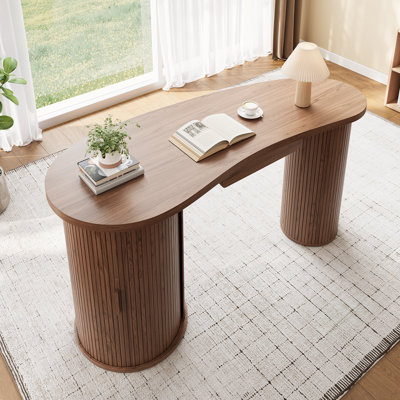 59 Inch Oval Shaped Computer Desk With Tambour Sliding Door, Executive Writing Office Desk With Drawer & Hidden Storage Cabinet