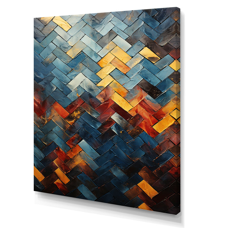 Carreaux cubiques abstraits jaunes et bleus - art mural abstrait, Toile tendue, H 32 po x l 16 po x P 1 po