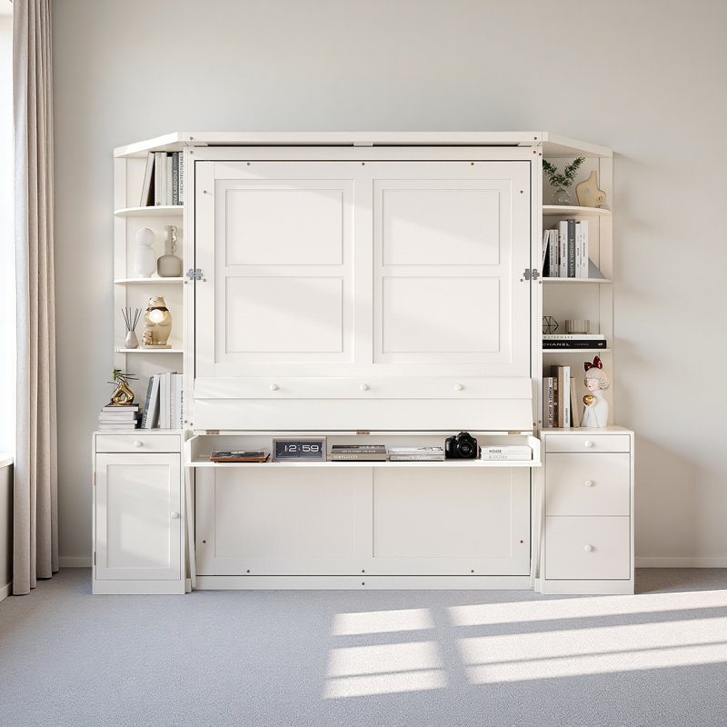 Grand lit escamotable avec bureau, tablettes et armoires de rangement, lit escamotable pour un bureau à domicile peu encombrant