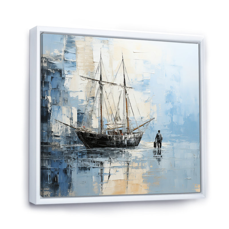 Minimalisme, paysage de pirate bleu et blanc - impressions murales nautiques et de plage, Cadre flottant blanc