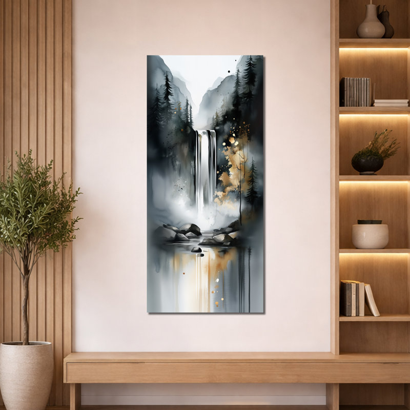 «Gray Gold Autumn Waterfall Forest Trail II», reproduction d'art encadrée sur toile, 60" H x 28" W, Toile tendue