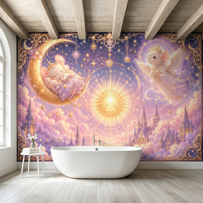 Papier peint adhésif pelez et collez, souris céleste dormant, croissant de lune, souris angélique, soleil doré, art mural pastel auto-adhésif et amovible