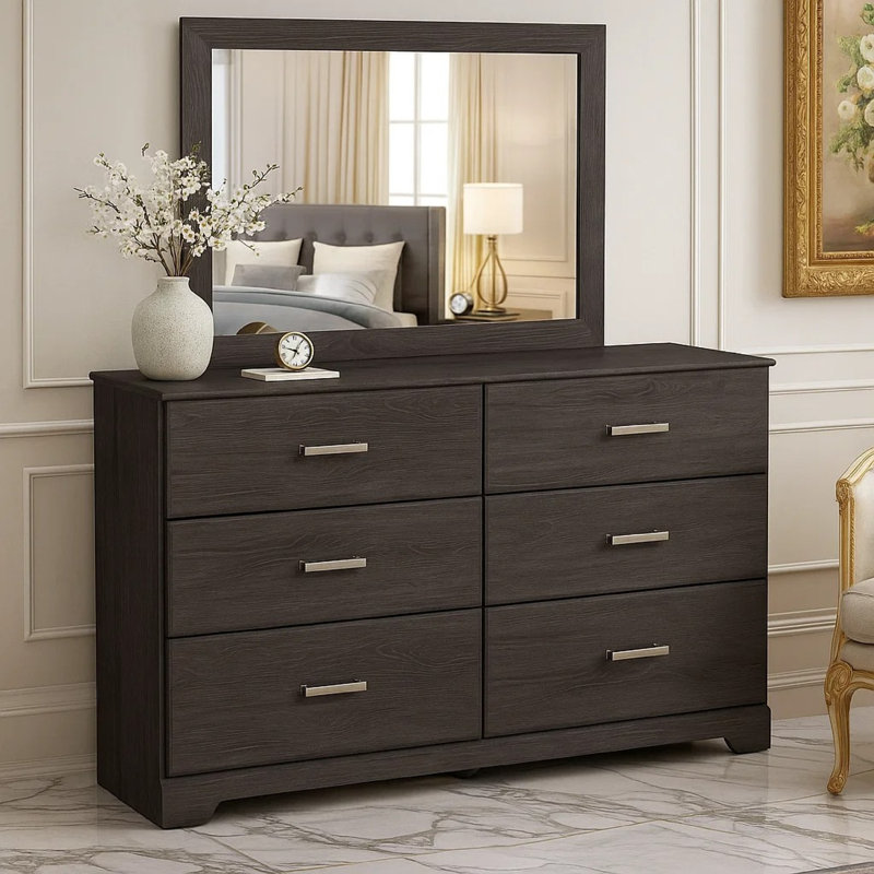 Ensemble de commode et miroir 2 pièces Cpe, 6 tiroirs avec poignées, noir anthracite Cyme