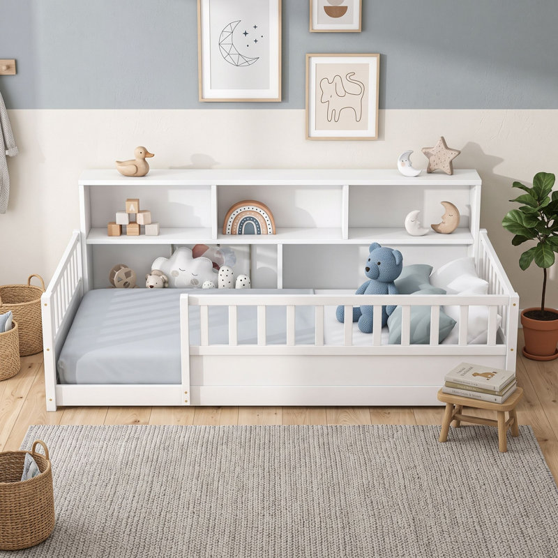 Lit en bois avec tablettes de rangement, Twin, Blanc