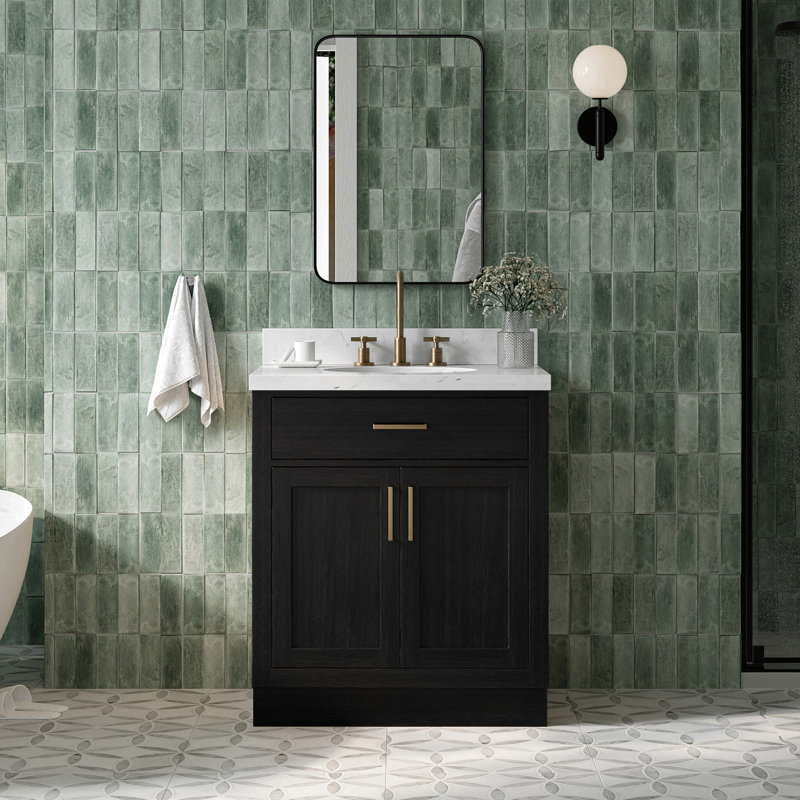 Tidworth 30'' Solid Wood Single Bathroom Vanity with 1.5'' Carrara Quartz Top, Oval, Black Oak / Satin Brass