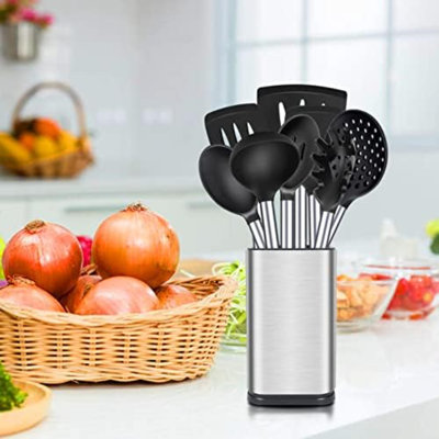 Ensemble d'ustensiles de cuisine en silicone, 8 pièces avec support, noir | Sans BPA et résistant à la chaleur, comprend des spatules, des retourneurs, des cuillères, une écumoire et une fourchette à pâtes, le tout compatible avec les poêles antiadhésives.