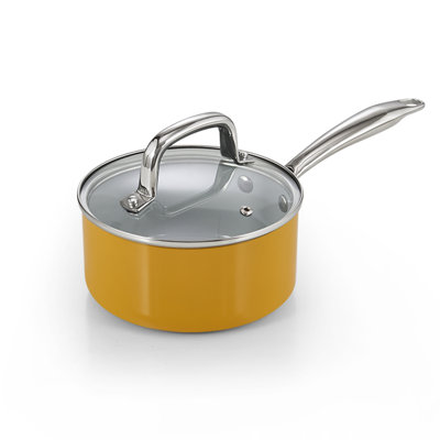 Casserole antiadhésive en céramique avec couvercle en verre de 1,5 pte de Cook N Home Classic, casserole d'avoine de soupe au lait de tous les jours, petite casserole antiadhésive, poignée Stay-Cool, prêt pour l'induction, jaune