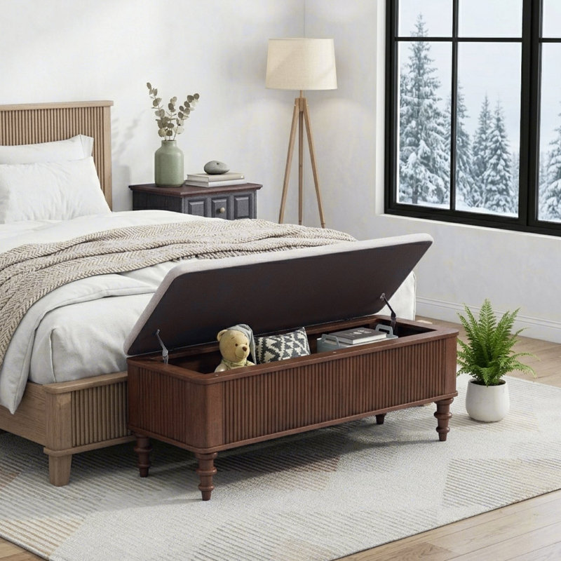 Banc de rangement avec repose-pieds en bois d'hévéa massif de 50,8 po avec siège en lin, banc de rangement pour chambre à coucher, range-chaussures pour chambre à coucher, salon, vestibule, garde-robe