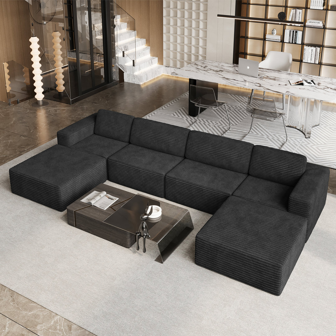 Modular Corduroy 404cm 4-seater Sofa With 2 Ottomans, No Assembly Required, With High Rebound Sponge