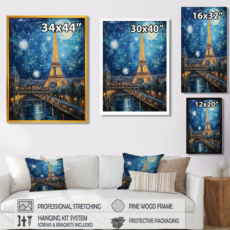 Nuit étoilée au-dessus de la Tour Eiffel, pleine lune, décoration murale de la ville de Paris, Toile tendue