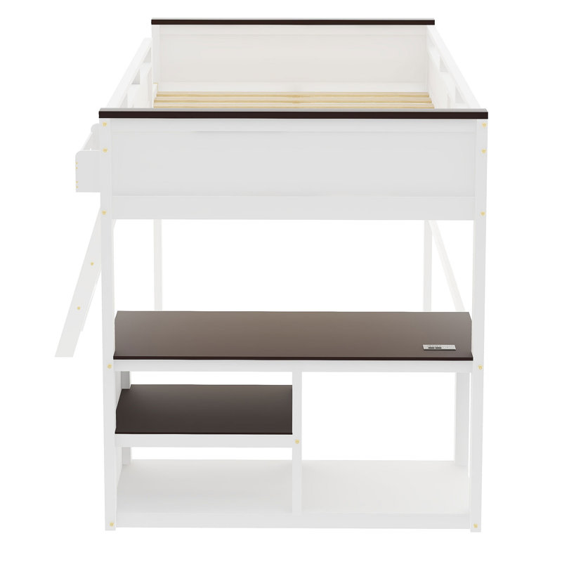 Lit mezzanine avec bureau, tablette ouverte et boîte de rangement, station de charge USB