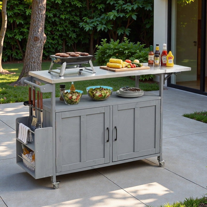 Îlot de cuisine extérieur pliable avec plan de travail en acier inoxydable, roues verrouillables, armoire de rangement, porte-serviettes et épice à deux niveaux