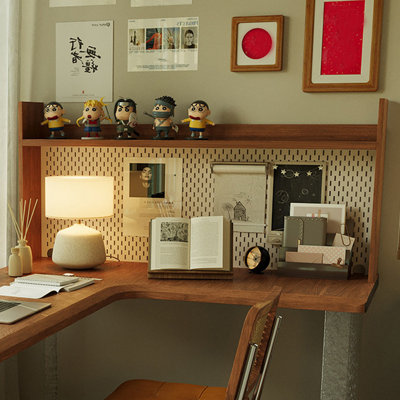 Bureau en bois massif brun en forme de L en acrylique