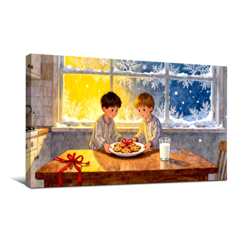 Enfants de Noël cuisinant des biscuits par une scène hivernale, H 20 po x l 40 po