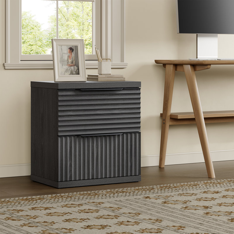 Table de chevet moderne à 2 tiroirs cannelée, Aulne gris foncé