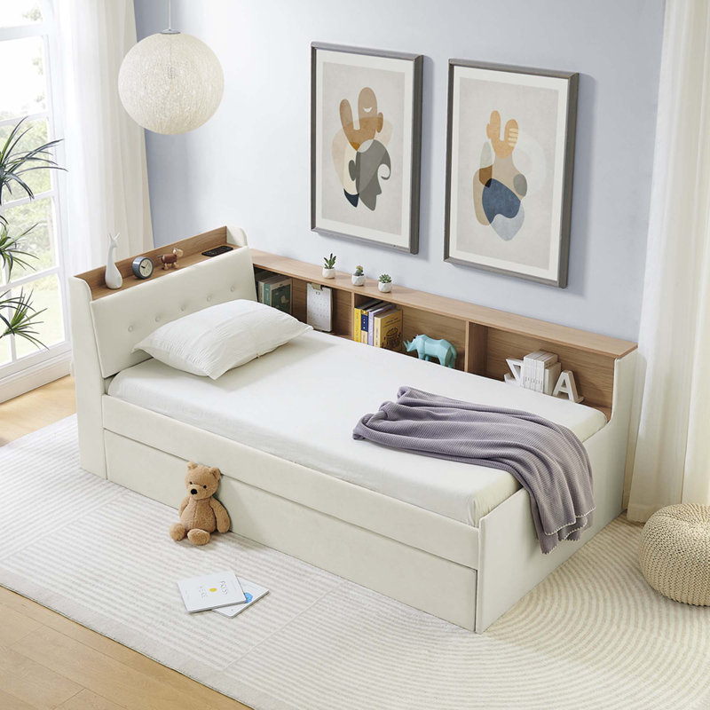 Lit de jour en velours à hauteur ajustable avec tête de lit et chargement sans fil, lit de jour multifonctionnel avec lit gigogne et lumières DEL Upholstery