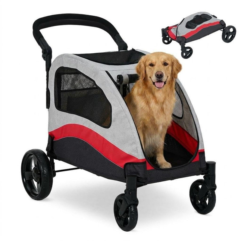 Poussette pour chien de 160 lb pour les grandes races - Chariot pliant robuste pour animaux de compagnie, roues à 360 °, filet respirant