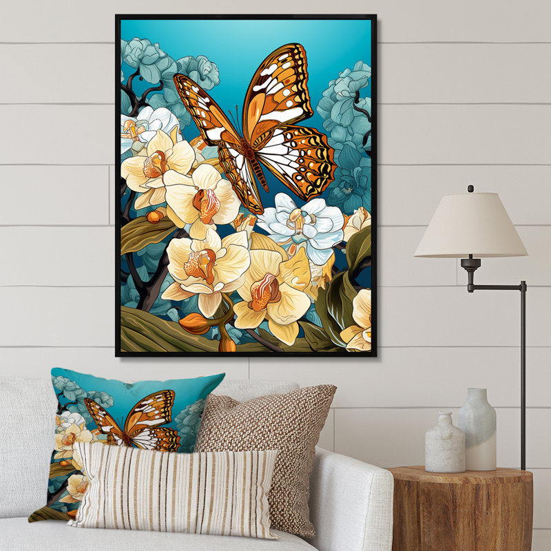 Gracieux papillon brun sur des orchidées rétro, H 32 po x l 16 po x P 1 po, Cadre flottant noir
