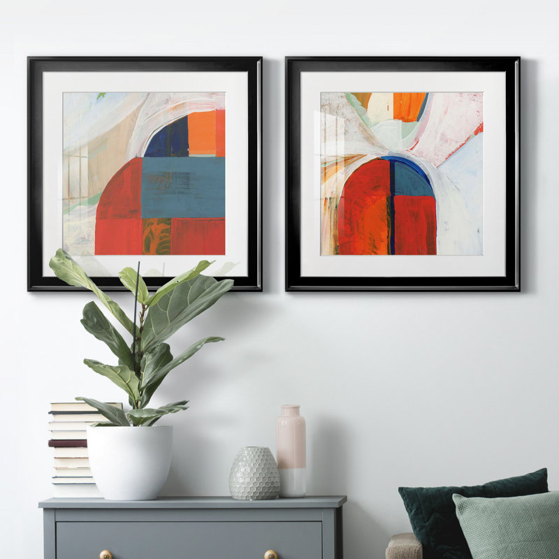 Bleu orange III - ensemble de 2 reproductions d'art graphique, Papier encadré noir, H 26,5 po x l 53 po x P 1,5 po, Blanc