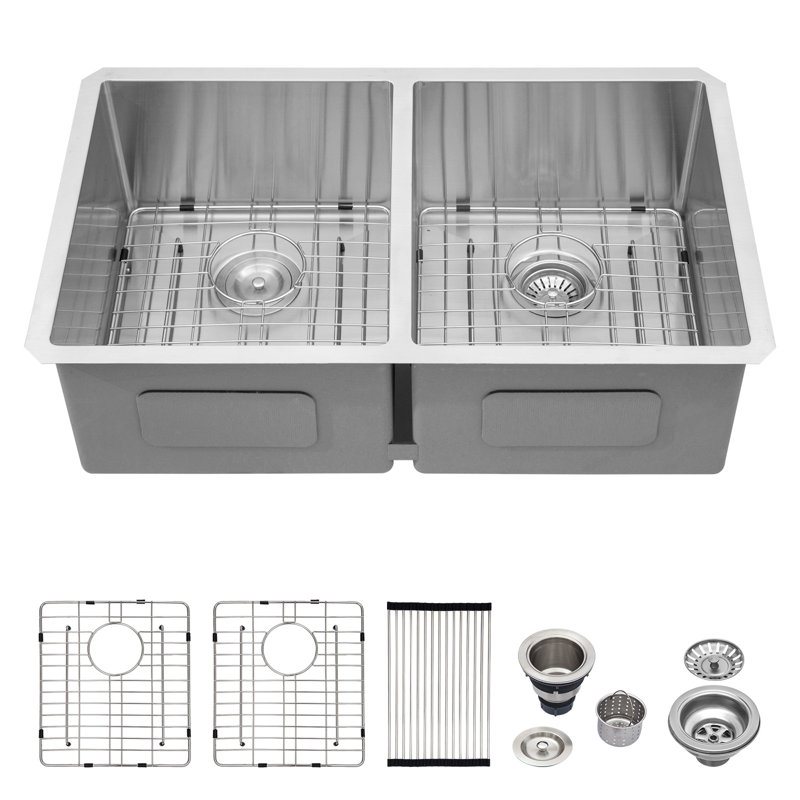 Évier de cuisine encastré à double cuve 50/50 en acier inoxydable de calibre 16 L 33 po x l 19 po