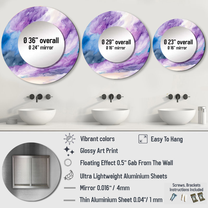 Violet Storm At The Horizon - Abstract Liquid Ink Round Mirror Wall Decor, 23" x 23"