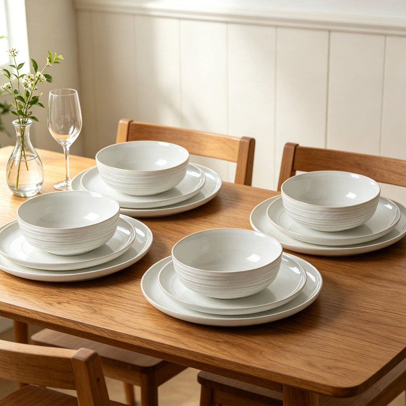  Service de vaisselle en grès 12 pièces Halo Edge, service pour 4, Blanc