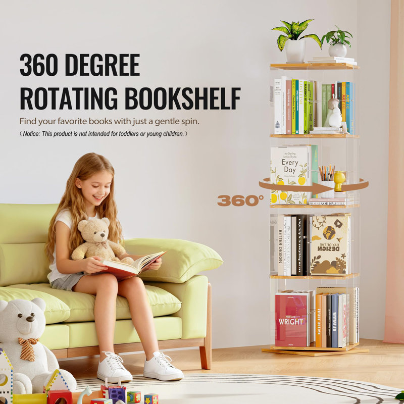 Rotating Bookshelf, 360 Degree Revolving Bookcase, 4-Tier Spinning Bookshelf, Clear Acrylic & Solid Wood Rotating Bookcase For Kid’s Playroom, Bedroom And Living Room, Square