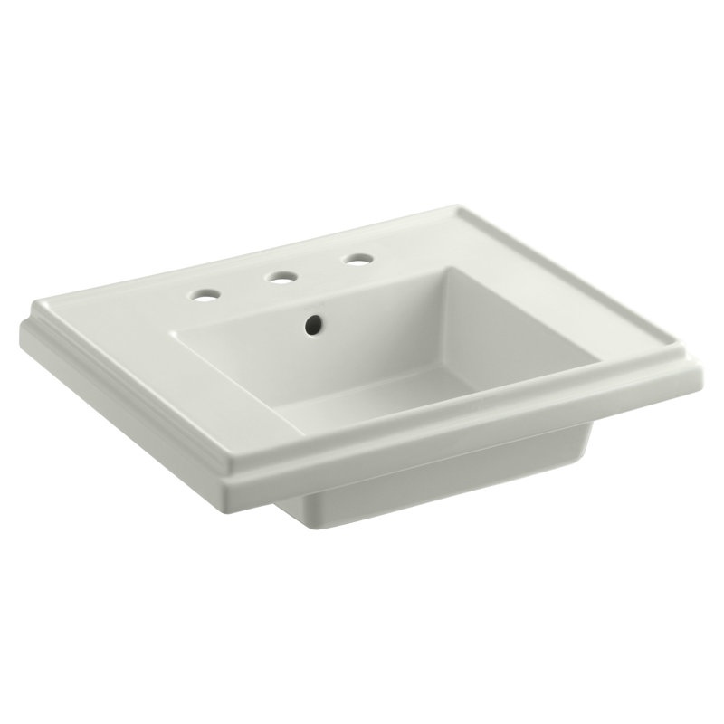 Tresham Ceramic 24" Pedestal Bathroom Sink with Overflow, Dune, Widespread Faucet