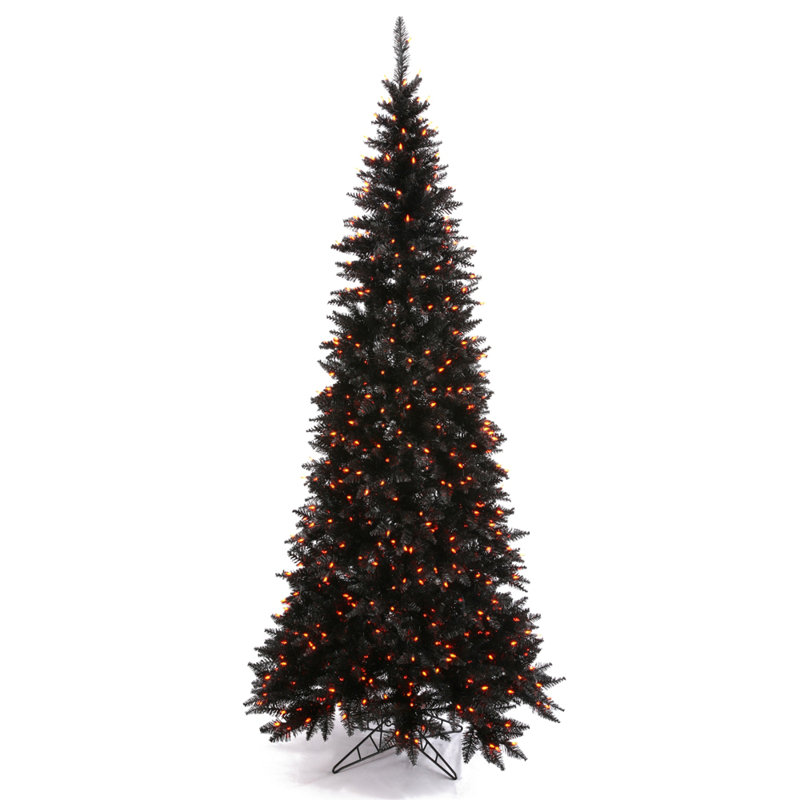Slim Black Fir Artificial Christmas Tree with LED Orange Lights with Stand, 6.5' H x 34" W