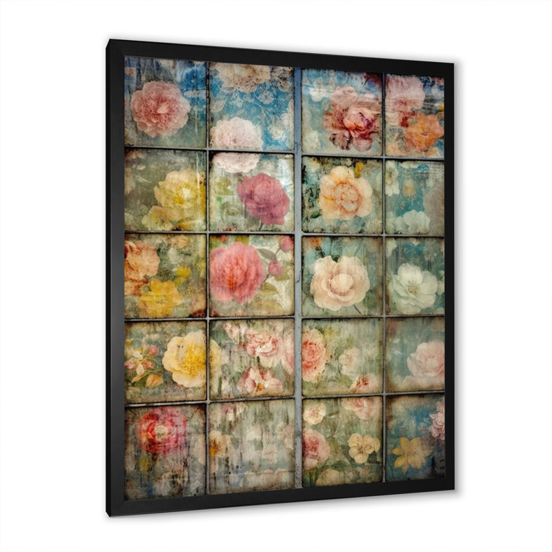 Élégant collage rétro de roses en fleurs, H 40 po x l 30 po x P 1,5 po, Cadre simple noir