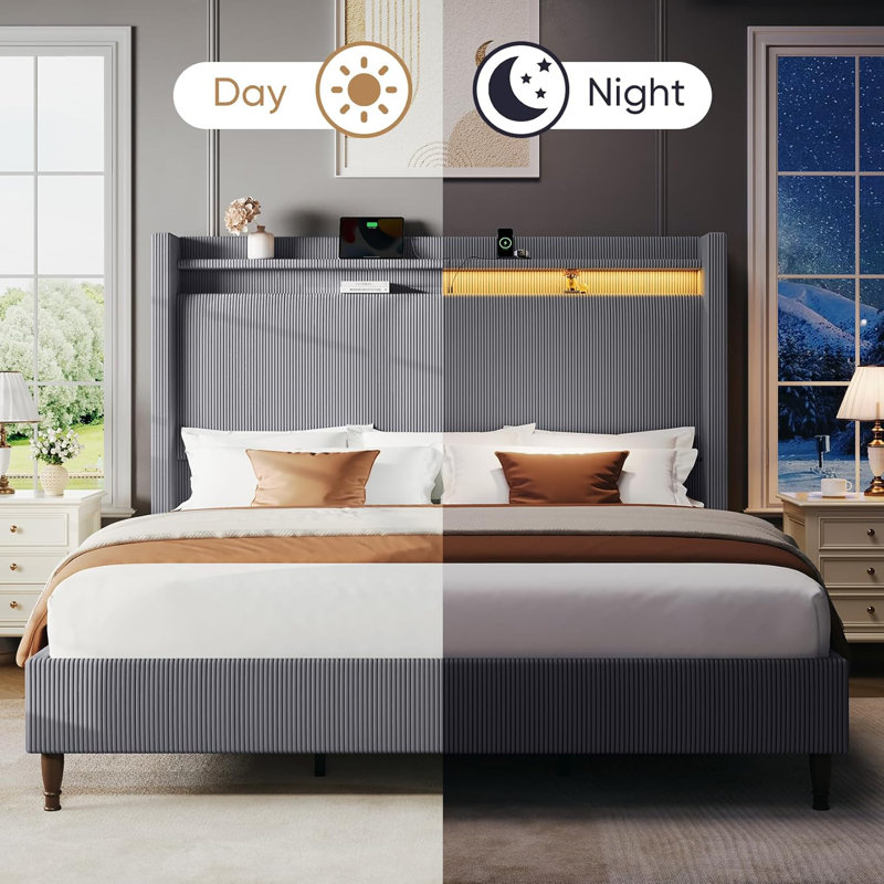 King Size Corduroy Upholstered Wingback Platform Bed Frame With Storage Headboard & Charging Station, Dark Gray, King