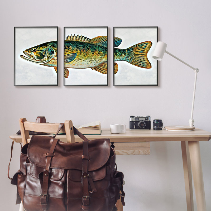 Lake House Bass Fish Wildlife 3 Piece Black Framed Giclee Art Set by Ashley Aldridge, 20" H x 48" W x 1.5" D