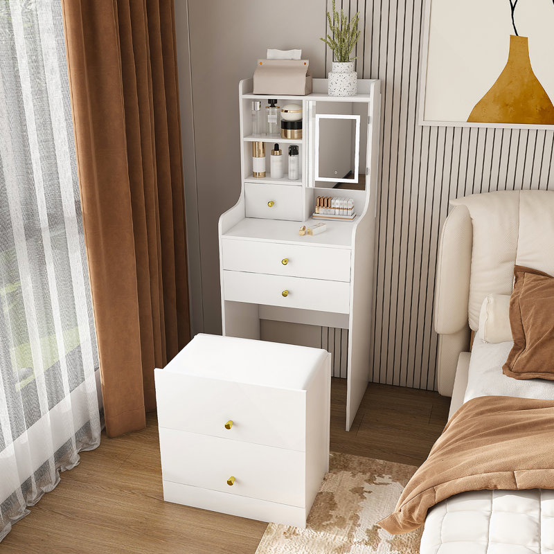 Coiffeuse 3 en 1 avec miroir à DEL et tabouret de rangement - coiffeuse de maquillage compacte avec 4 tiroirs, armoire de rangement et tabouret caché, panneau de densité blanc, bibliothèque ouverte pour l'organisation de la chambre à coucher