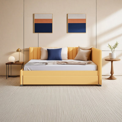Full Size Linen Upholstered Daybed Sofa Bed With Trundle ,Wood Slats,No Box Spring Needed by Latitude Run