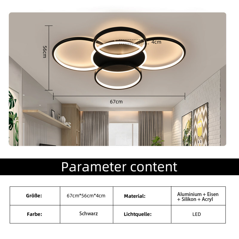 Danielys LED Flush Ceiling Light 5-Lights, 67 cm, Matte Black