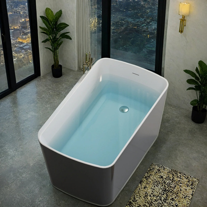 Baignoire de trempage autoportante en acrylique 49 pouces, baignoire carrée de style japonais, noir brillant, Lustre noir