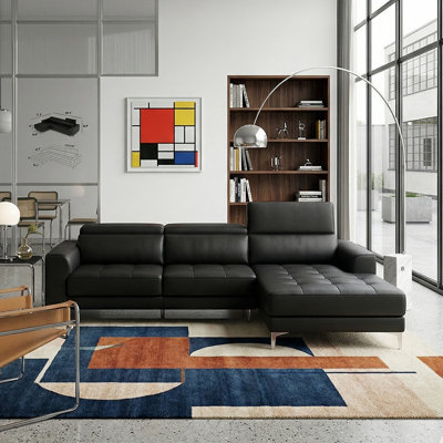  109.3"Genuine Leather Chaise Sectional Sofa - Modern L-Shape Sleeper Sofa with Adjustable Headrests Living Room Furniture,Black