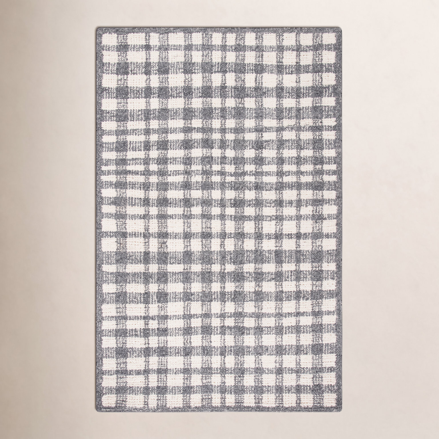 Ivory Black Hand-Tufted Plaid Rug, Rectangle 8' x 10'