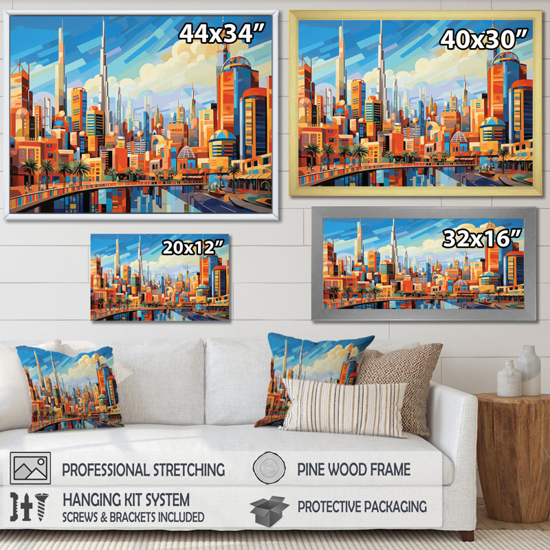 Pop Art, paysage urbain de Dubaï III, impression sur toile encadrée, Cadre flottant noir, 34" H x 44" W