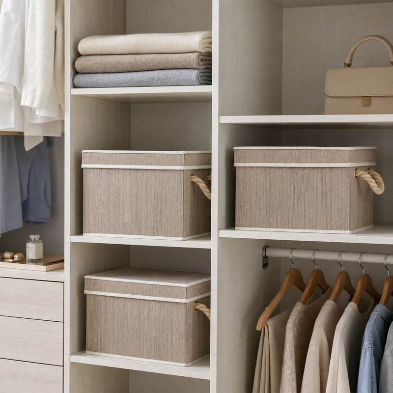 Boîtes de rangement pliables en tissu avec couvercles, empilables et munies de poignées, pour placard ou étagères, gain de place pour la chambre - Lot de 3 - Brun clair - 30 x 23 x 17 cm