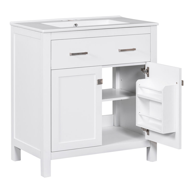 Armoire de salle de bain blanche de 60 po avec charnières à fermeture douce et grand lavabo double avec finition élégante