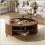 Table basse ronde à plateau relevable avec porte coulissante, pieds en pin et finition ondulée-129414886